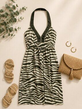 Banana Republic Zebra Print Halter Dress Size 10 100% Cotton Safari Y2K Vibes